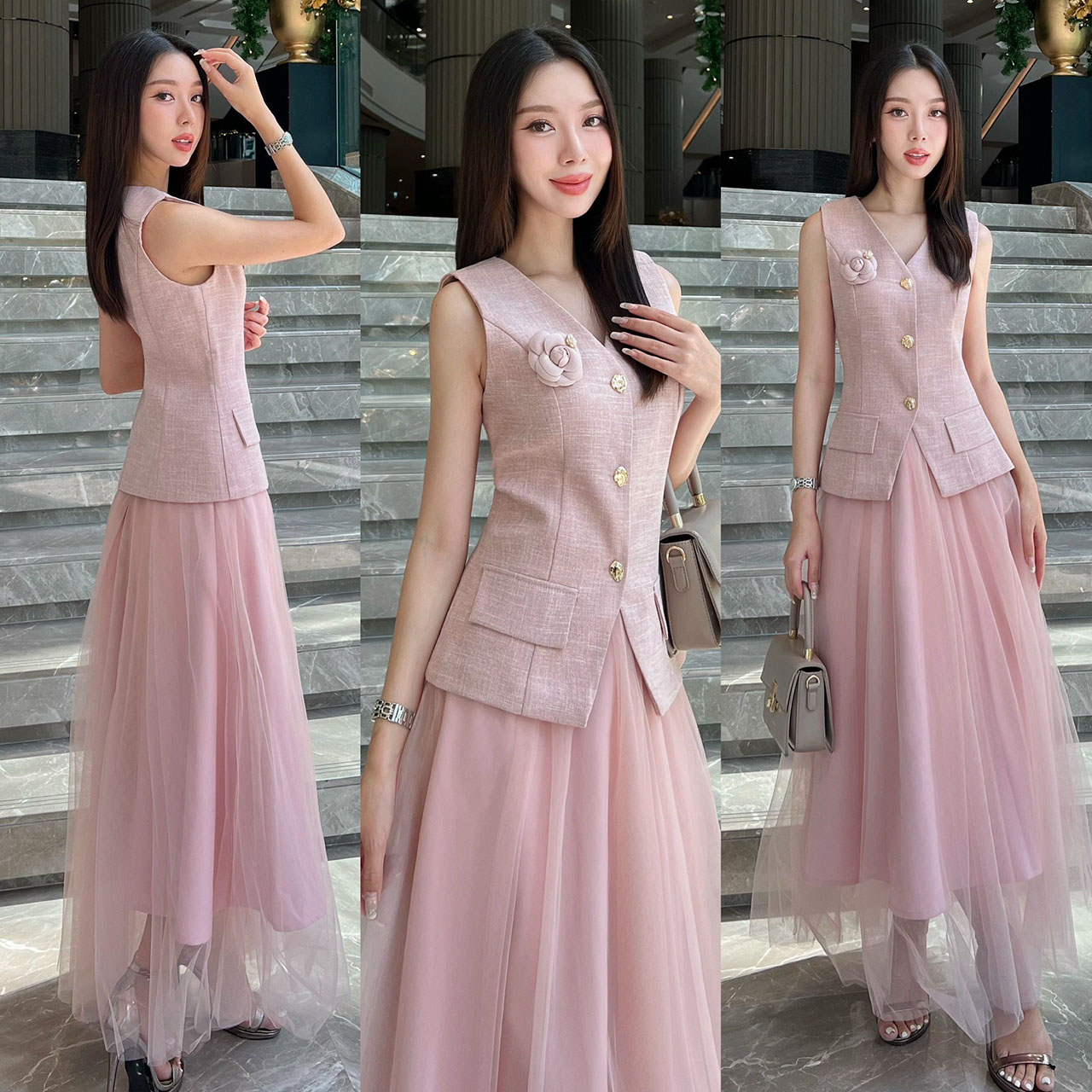 kudapy ชุดเซ็ทเสื้อแขนกุดทรงเข้ารูปแต่งกระดุมจริงสีทอง ตกแต่งกระเป๋าเสื้อให้ดูโดดเด่น(กระเป๋าหลอก)