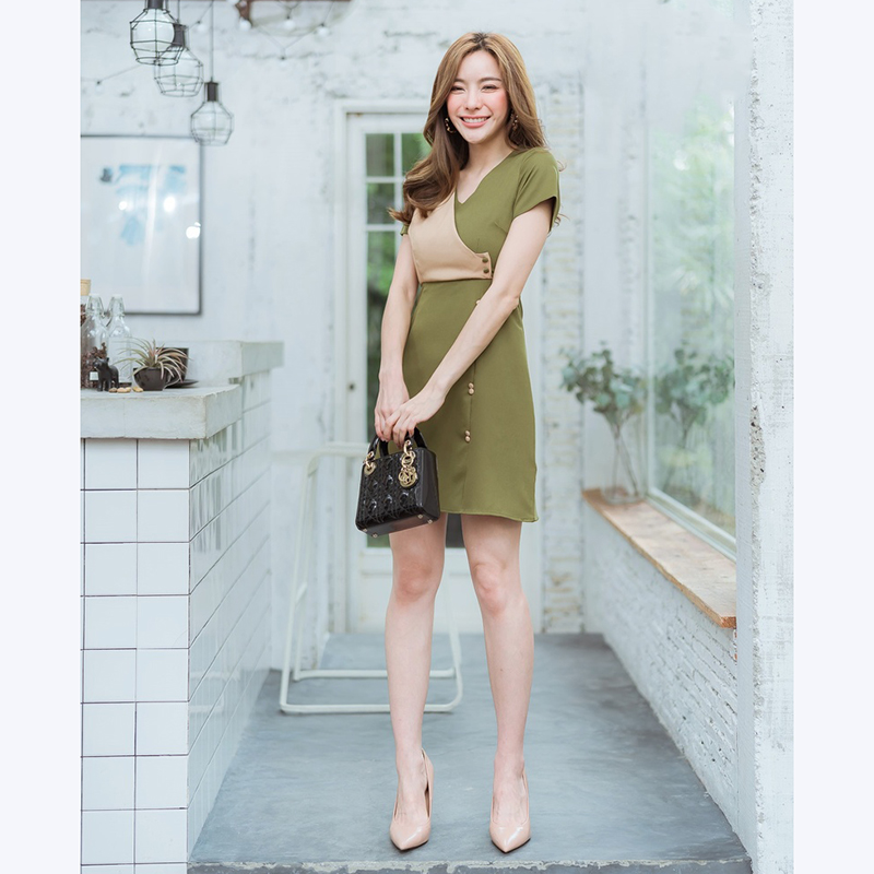 kudapy เดรสสั้นสีชมพู,เขียว,กรม ใส่ทำงานแต่งกระดุมคู่ทูโทนสวยน่ารัก