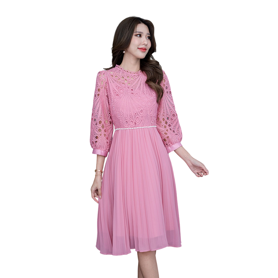 kudapy เดรสสั้นคอปีน แขนพองสีชมพู สีน้ำตาลกะปิ เดรสระบาย แต่งลูกปัดเพิ่มดีเทลที่เอว แขนสามส่วน งานมีซับใน ซิบหลัง