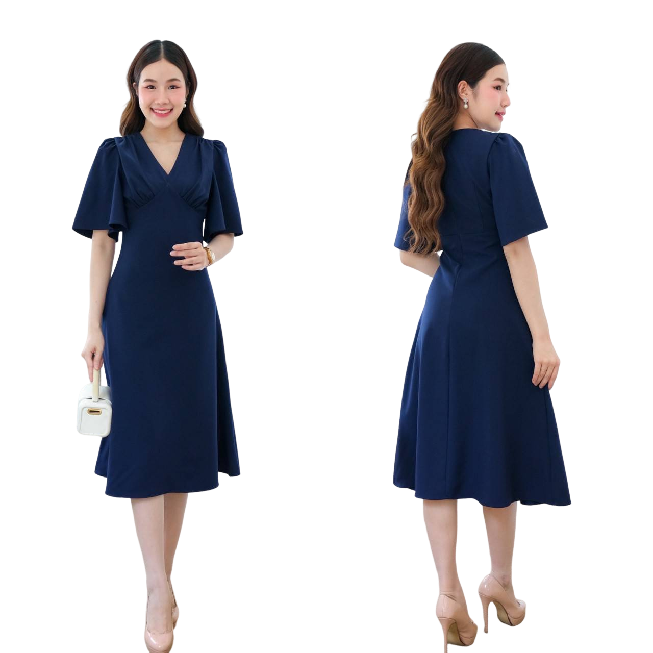 kudapy เดรสสั้นสีชมพูกลีบบัว,สีส้ม,สีครีม ,สีแดงเลือดหมู, สีขาว,สีน้ำเงินกรมท่า,สีเขียวมิ้นท์ คอวี แขนกระดิ่ง คัตติ้ง เอวสูงปรี๊ด กระโปรงบานตีเกร็ดเอว