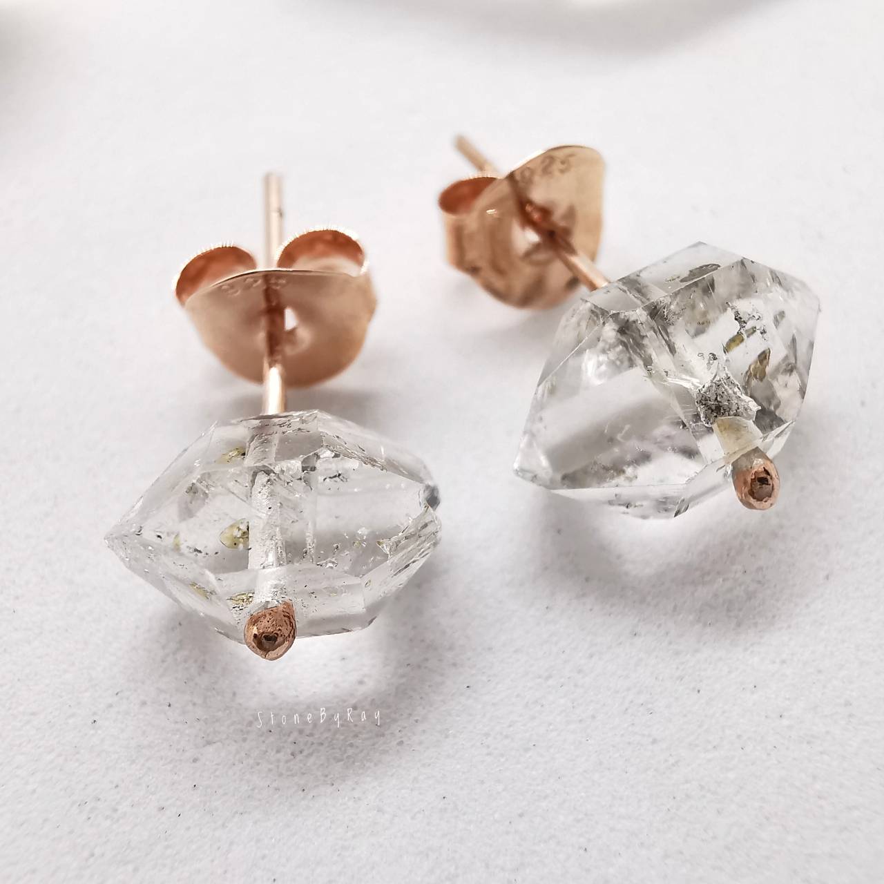ต่างหูเงินชุบพิ้งโกลด์หินเฮอร์คิเมอร์ไดม่อน Golden Enhydro Herkimer Diamond