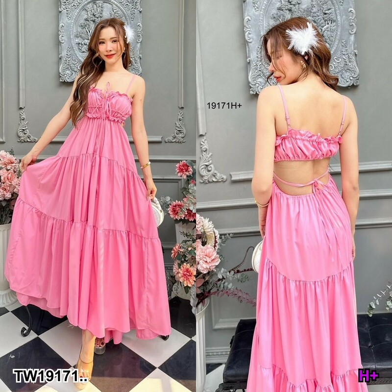 kudapy เดรสยาว สายเดี่ยว กระโปรงยาวบานละมุนละไม ตัวกระโปรงระบายต่อกันเป็นชั้นๆ