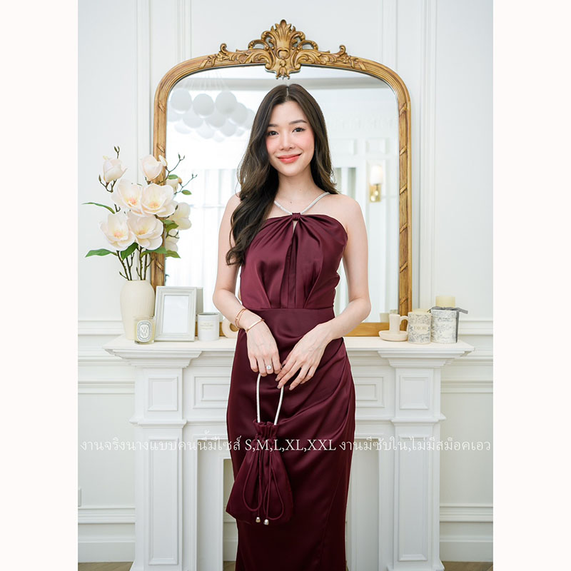 kudapy เดรสยาวสีชมพู/สีนู้ด/สีแดงเลือดหมู คล้องคอสายเพชร ผ้าเครปซาตินซับในทั้งชุด ชุดราตรีพรีเมี่ยม