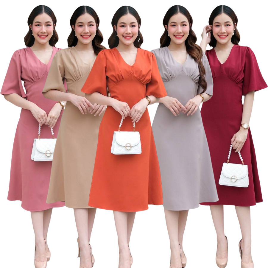 kudapy Midi dress คอวี แขนกระดิ่ง สีชมพูกลีบบัว, สีส้ม, สีกากี ,สีแดงเลือดหมู ,สีเทา น่ารักมากกกกก คัตติ้ง เอวสูงปรี๊ด กระโปรงบานตีเกร็ดเอว
