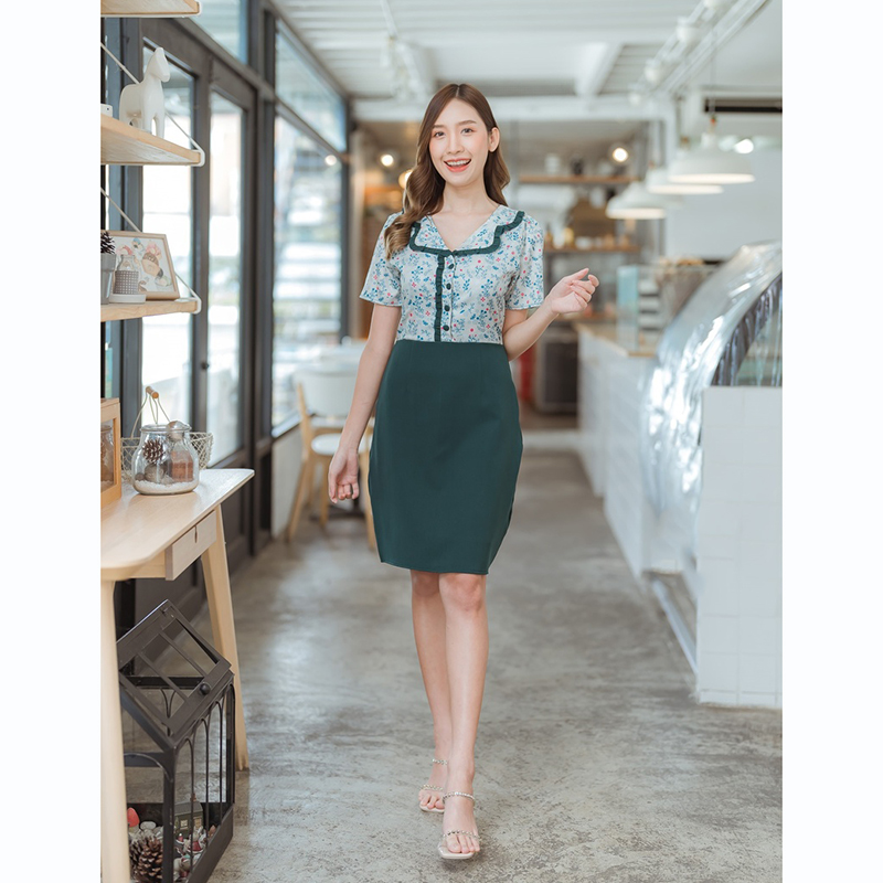 kudapy เดรสสั้นสีเขียว/สีชมพู/สีกรม คอบัวลายดอก ใส่สบายสวยดูดี