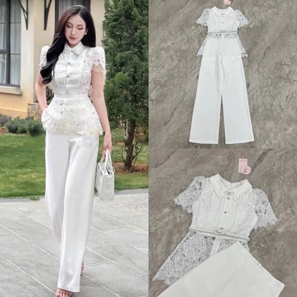 kudapy เซตเสื้อลูกไม้สีขาวคอปก+กางเกงขายาวทรงกระบอกสีขาว