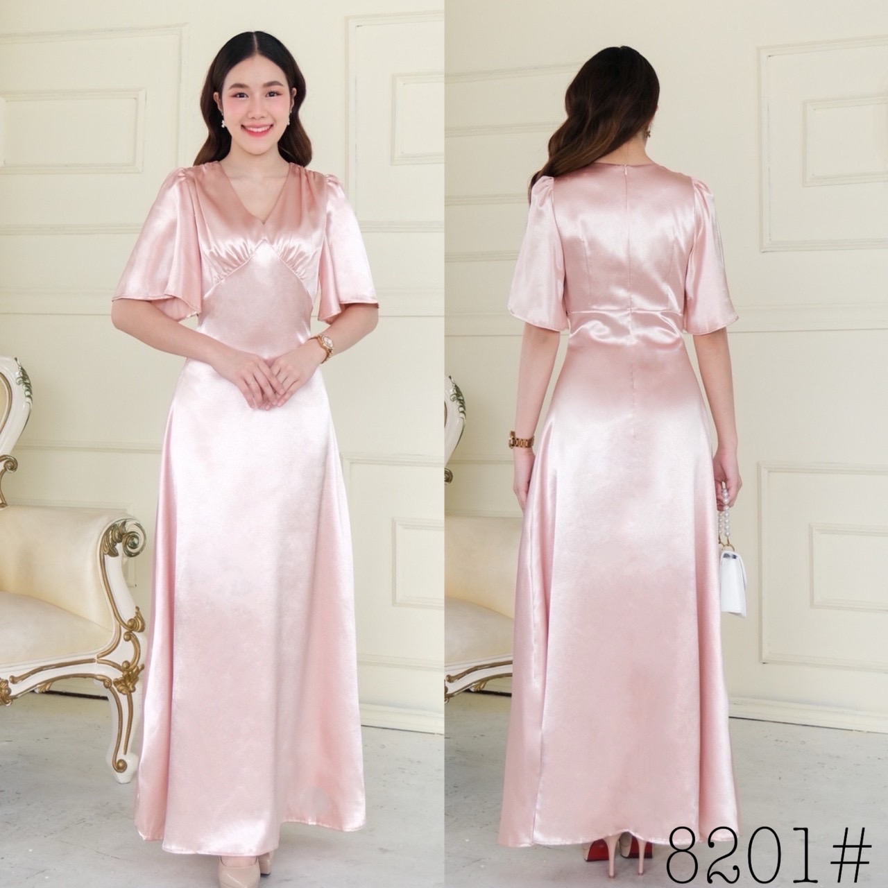 kudapy เดรสยาว แขนระฆัง คอวี คัตติ้งเอวสูง จับจีบใต้อก กระโปรงบานพรางแขน พรางสะโพก ซิปหลังยาว