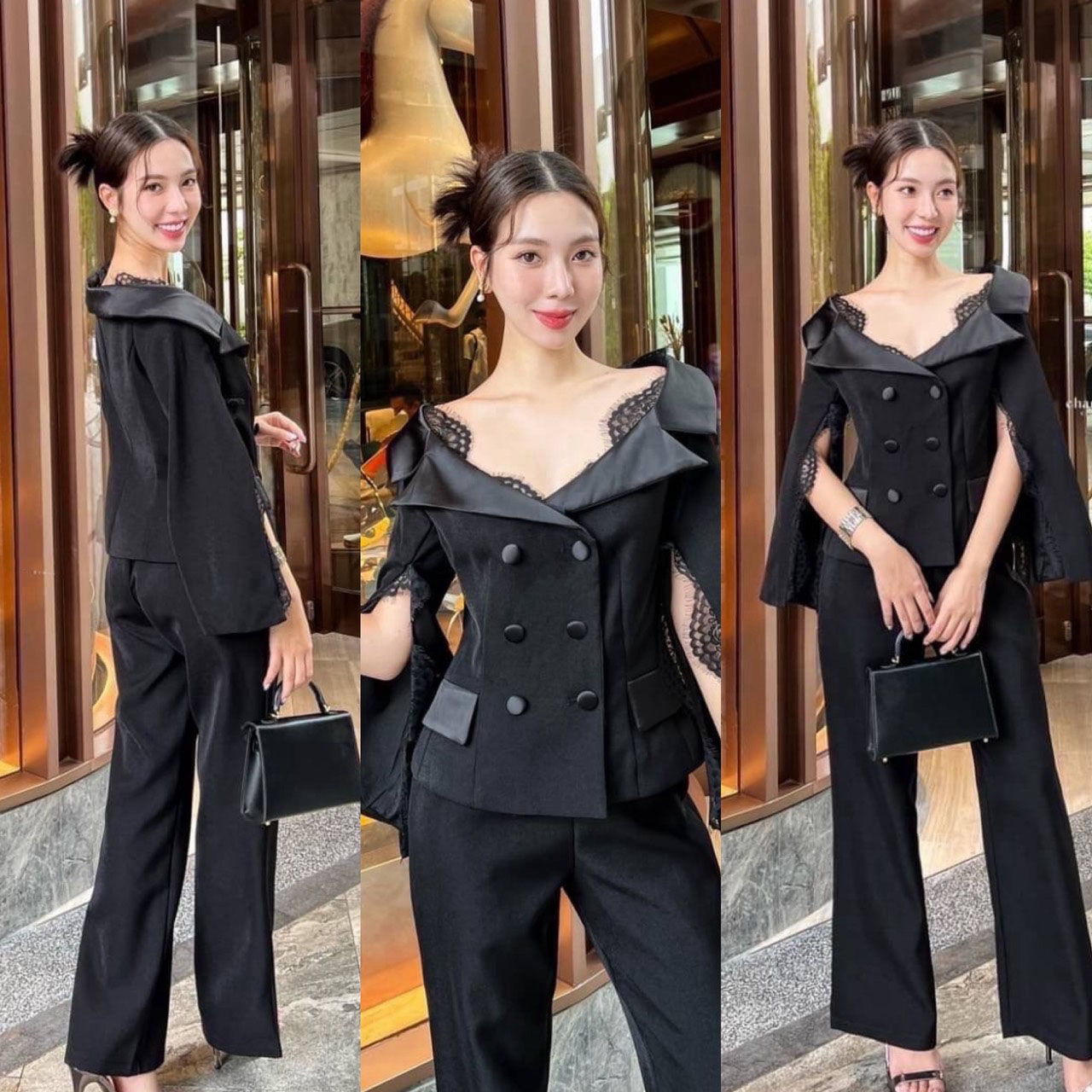 kudapy Setsuit สุดเท่ห์เสื้อสูทเปิดไหล่แต่งลูกไม้สีดำ เพิ่มความเกร๋ที่ปลายแขนเสื้อผ่าแขนลูกคัตติ้งเป้ะ กระเป๋าจริง