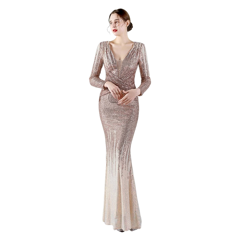 kudapy ชุดราตรียาวคอวีแขนยาวผ้ากริสเตอร์ทอแสง สีแดงเบอร์กันดี้,สีเขียว,สีชมพูโรสโกลด์ ผ้าขยายได้ สวมเข้ารูป ทรงสวย เรียบหรู มีบราเย็บติดข้างในชุด ซิปหลัง สำเนา สำเนา