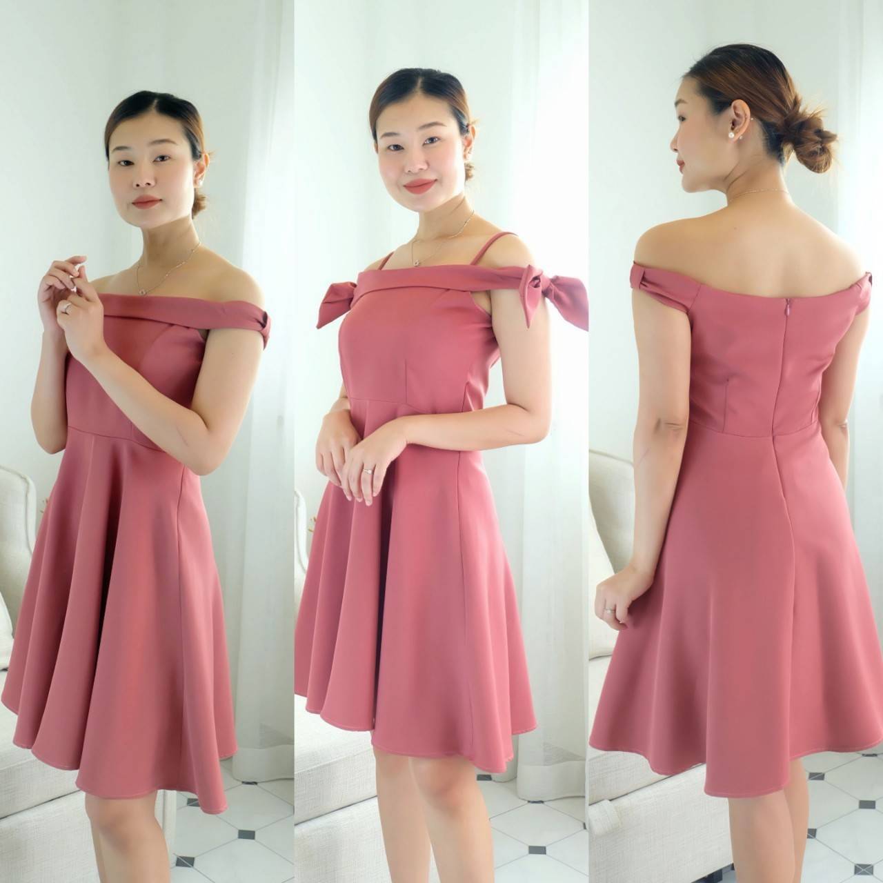 kudapy เดรสสั้นออกงานสายเดี่ยว แต่งโบว์ เดรสออกงานทรงระบาย ผ้าเบเป้ ยาว 35 นิ้ว
