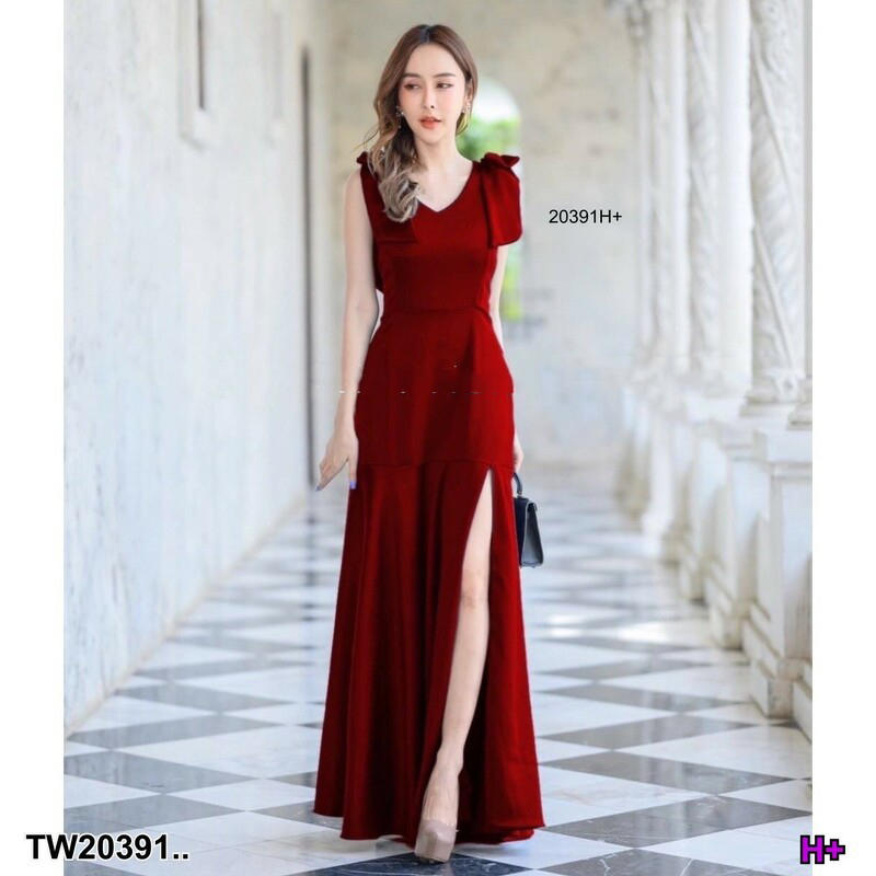 kudapy แม็กซี่เดรสสีกรมท่า/สีครีมสีชมพ/สีส้มอิฐ/สีแดง โบว์ไหล่ ยาวระบายชาย งานซิปหลัง ชุดออกงาน ชุดเพื่อนเจ้าสาว