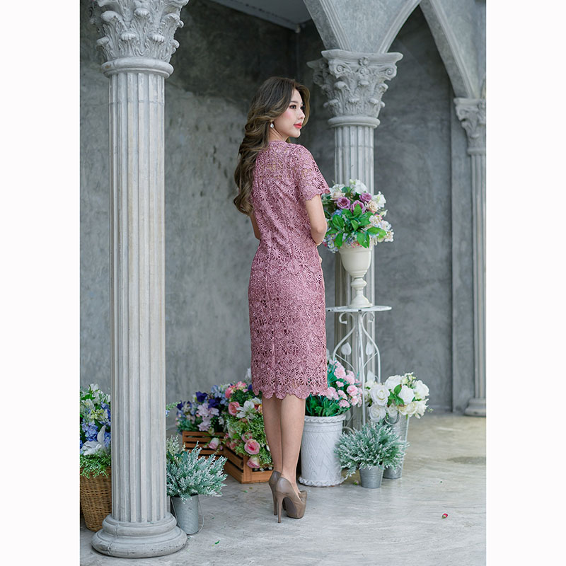 kudapy เดรสสั้นสีชมพูกะปิ/เขียว ลูกไม้ถักทรงแขนสั้น ทรงยอดนิยมของทางร้านค่ะ สวยเรียบใส่ง่าย