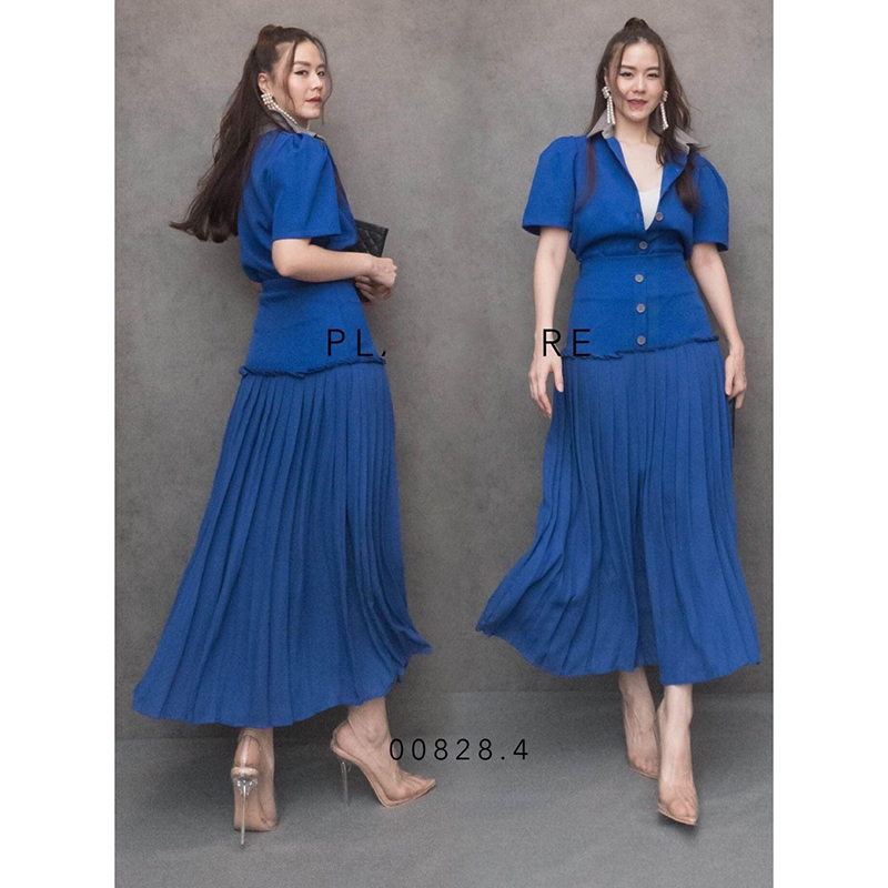 kudapy เซ็ทกระโปรงยาวสีน้ำเงิน/สีดำ/สีเหลือง เก๋ๆ คอมพลีทลุคน่าดู ตัวเสื้อแพทเทิร์นดี เป็นเชิ้ตแขนสั้นสลับสีกันกับเสื้อ แขนสั้นน่ารัก ช่วงล่างเป็นกระโปรงแยกทรงน่ารัก