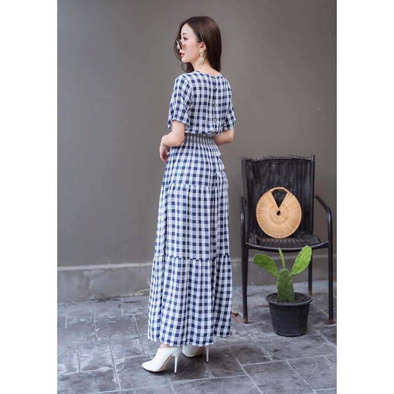 kudapy เดรสยาวลายสก้อตสีกรมแขนสั้น ผ้าสปันคอกลม สไตล์วินเทจ แต่งกระดุมหลัง ช่วงเอวสม็อครอบตัวยืดได้ตามขนาดตัว