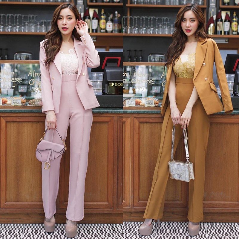 kudapy เซต 2 ชิ้น เสื้อเบลเซอร์สีชมพู สีน้ำตาล แต่งกระดุม ทรงตรง