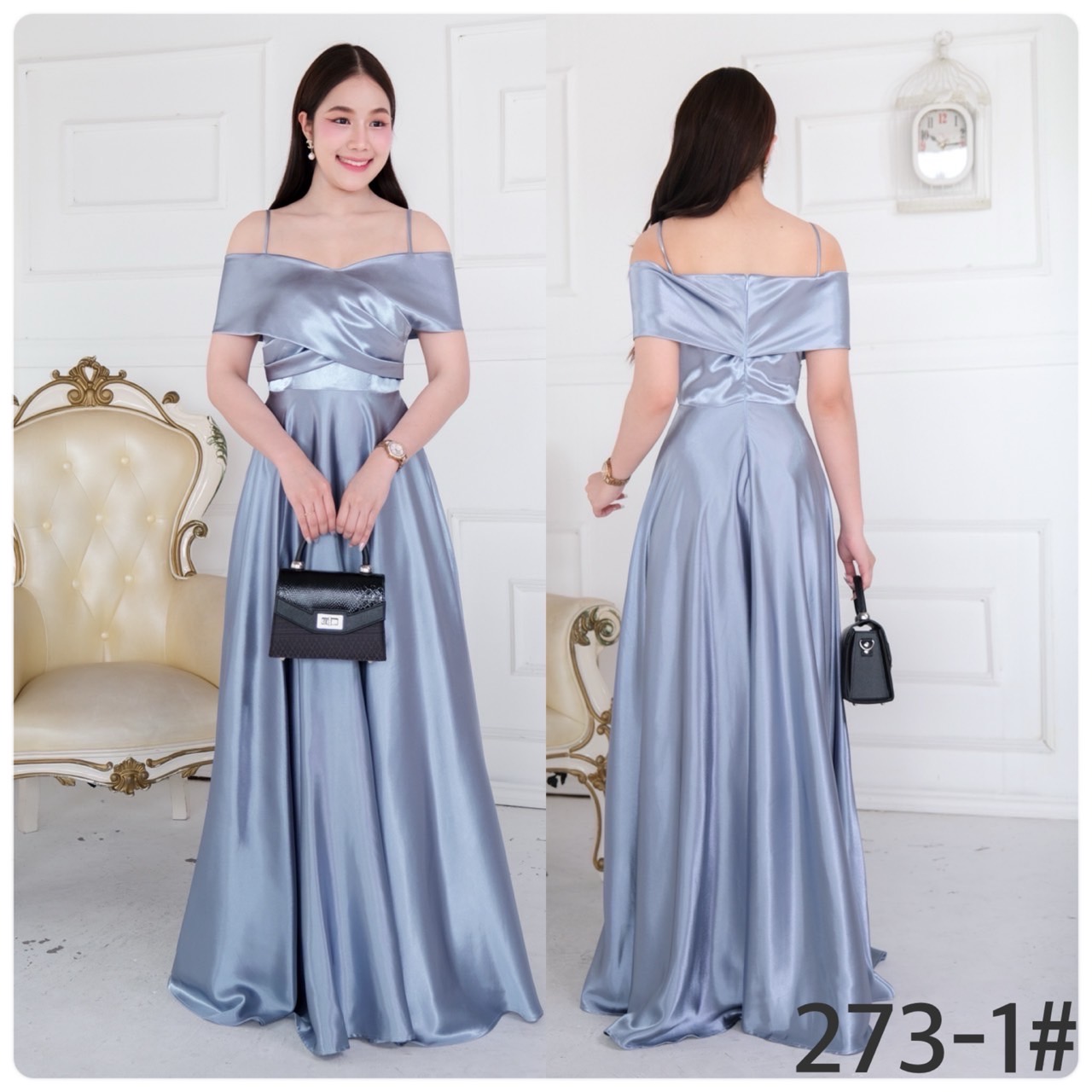 kudapy เดรสยาว เปิดบ่า สายเดี่ยวอกไขว้ กระโปรงบานเจ้าหญิง ผ้าซาติน ใส่ออกงานสวยดูดี