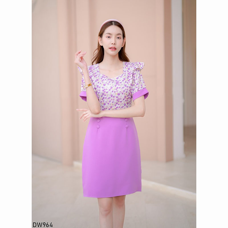 kudapy เดรสสั้นสีม่วง/สีชมพู/สีคราม แขนสั้นลายดอกมีกระดุม