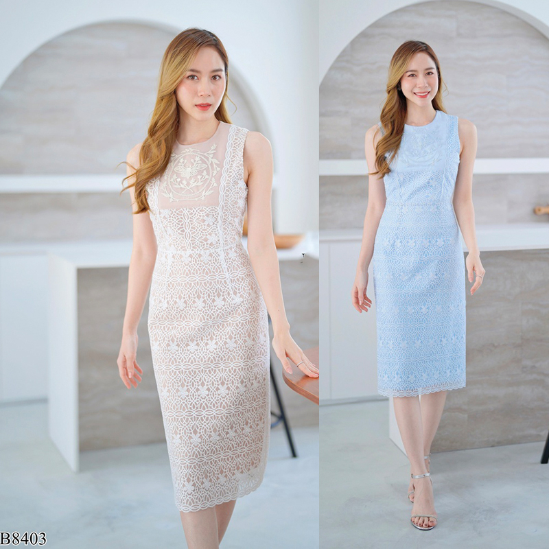 kudapy เดรสยาวสีขาว/สีฟ้า ลูกไม้ยาวปักอกสวยดูดีใส่ออกงานสวยมากๆ