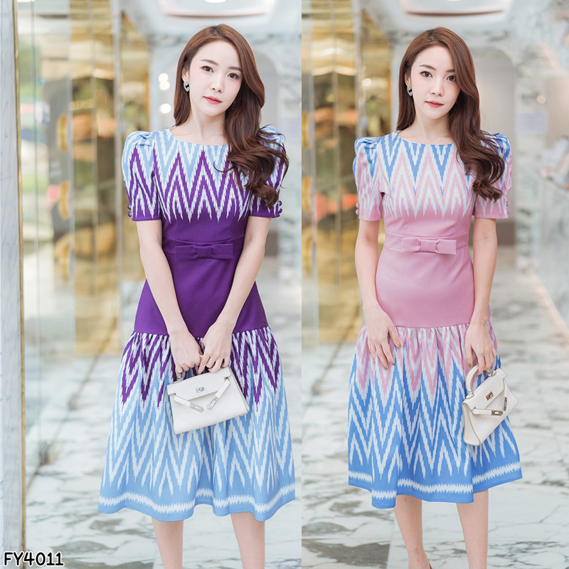 kudapy เดรสสั้นผ้าไทยคอกลมกว้างสีม่วง/สีชมพู สายรัดเอวลายไทยใส่สบายสวยดูดี