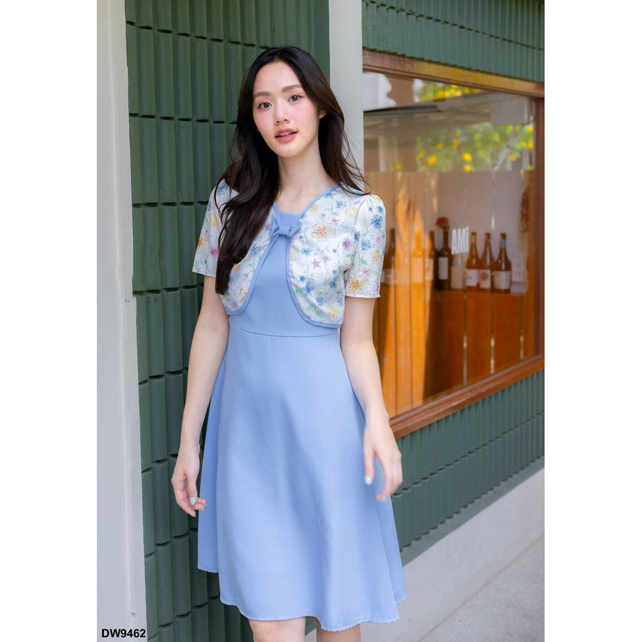 kudapy เดรสสั้นสีชมพู/สีม่วง/สีฟ้า กระโปรงบานกั๊กลายดอก