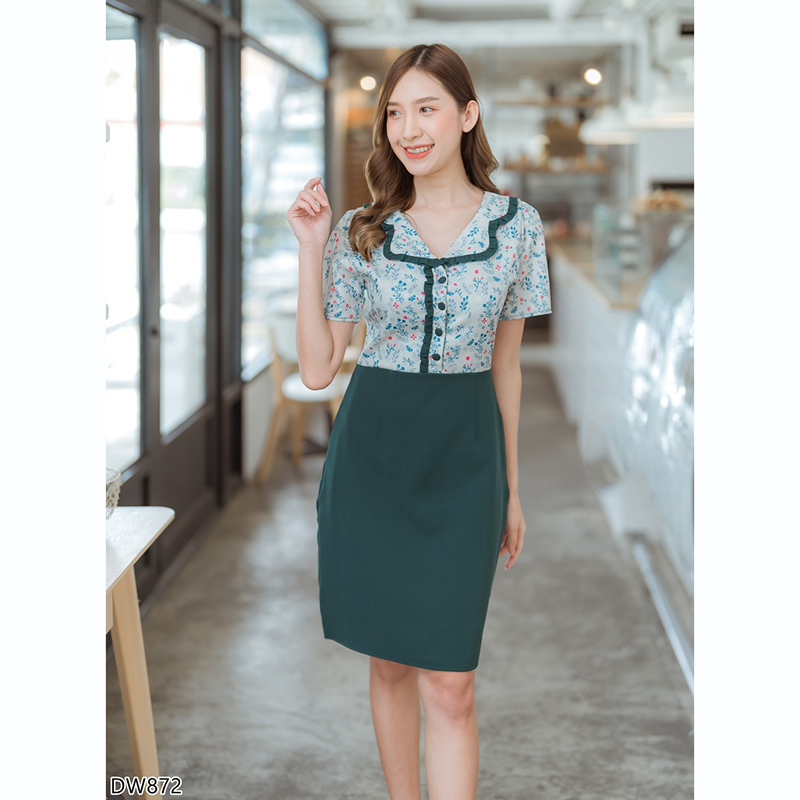 kudapy เดรสสั้นสีเขียว/สีชมพู/สีกรม คอบัวลายดอก ใส่สบายสวยดูดี