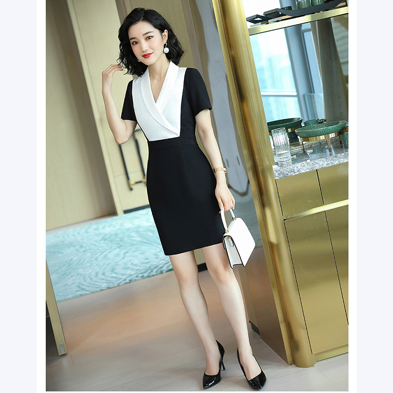 kudapy เดรสแขนสั้นสีดำขาว สีดำเหลืองเข้ม คอปก ทูโทน ผ้าไม่บาง และไม่หนาเกินไป เหมาะสำหรับใส่ทำงาน