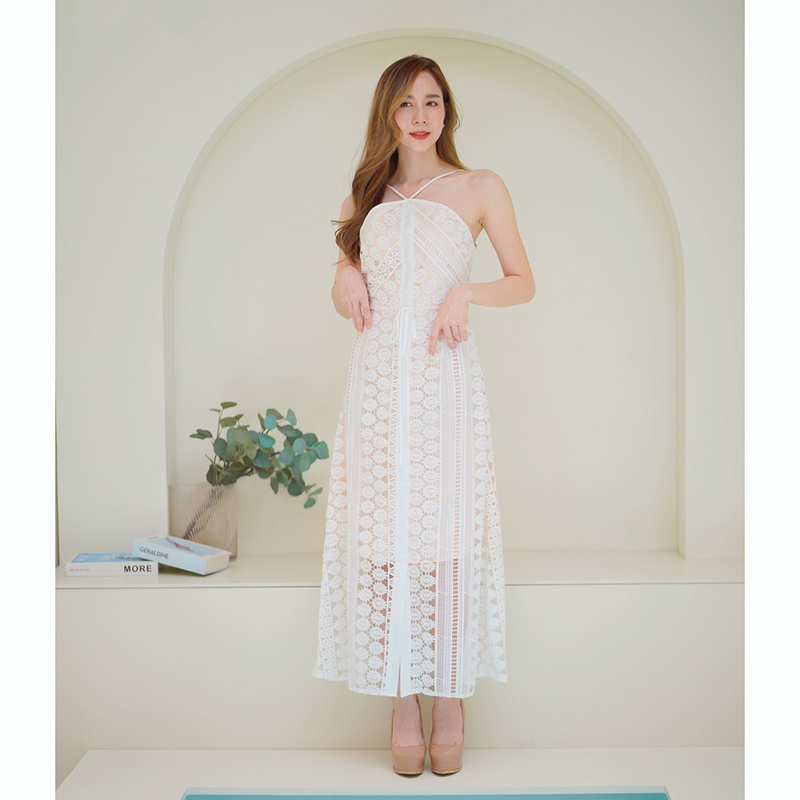 kudapy เดรสยาวสีขาว/สีม่วง สายเดี่ยวมีกระดุมตรงกลาง