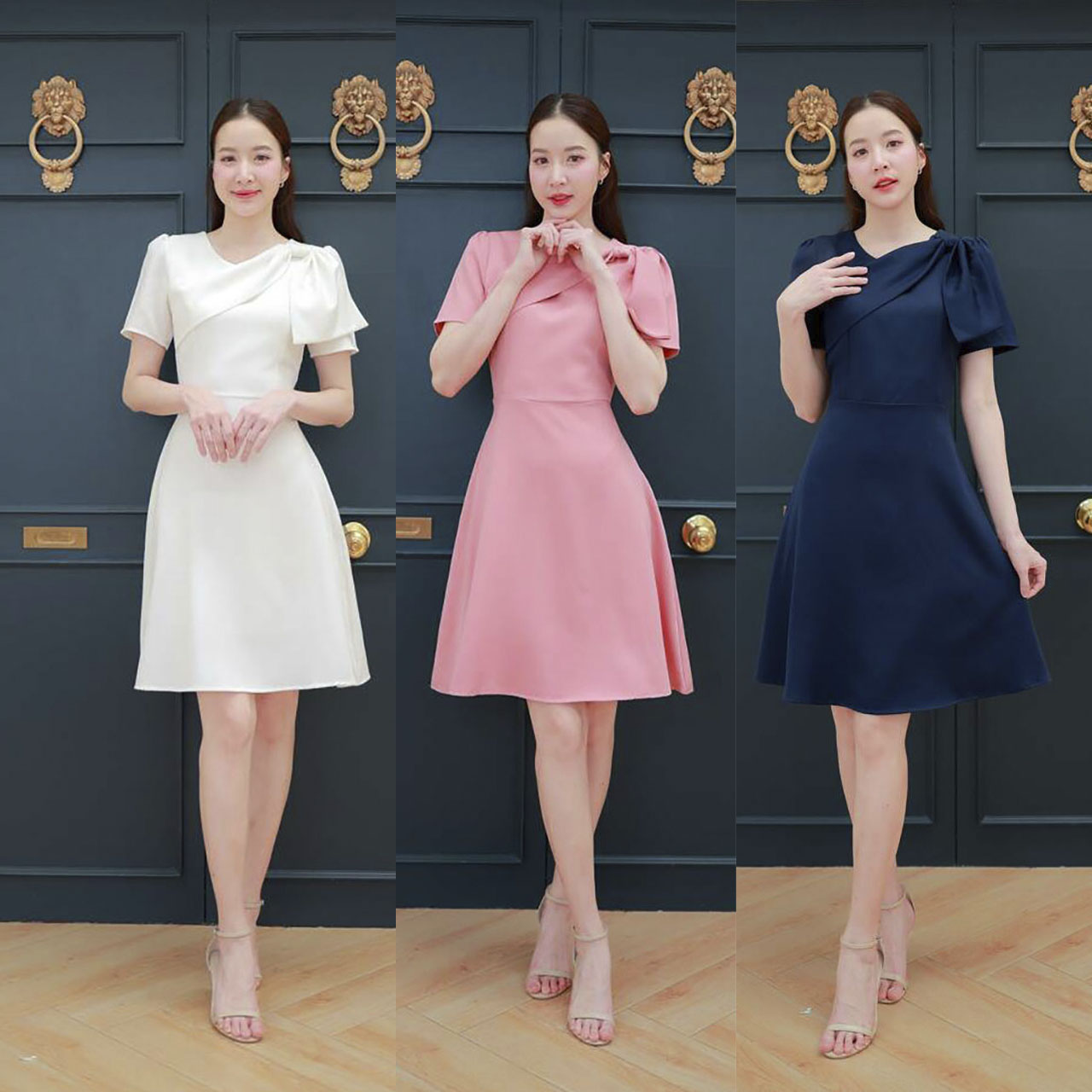 kudapyเดรสสั้นสีชมพู/สีกรม/สีขาว กระโปรงทรงบานแต่งโบว์ไหล่