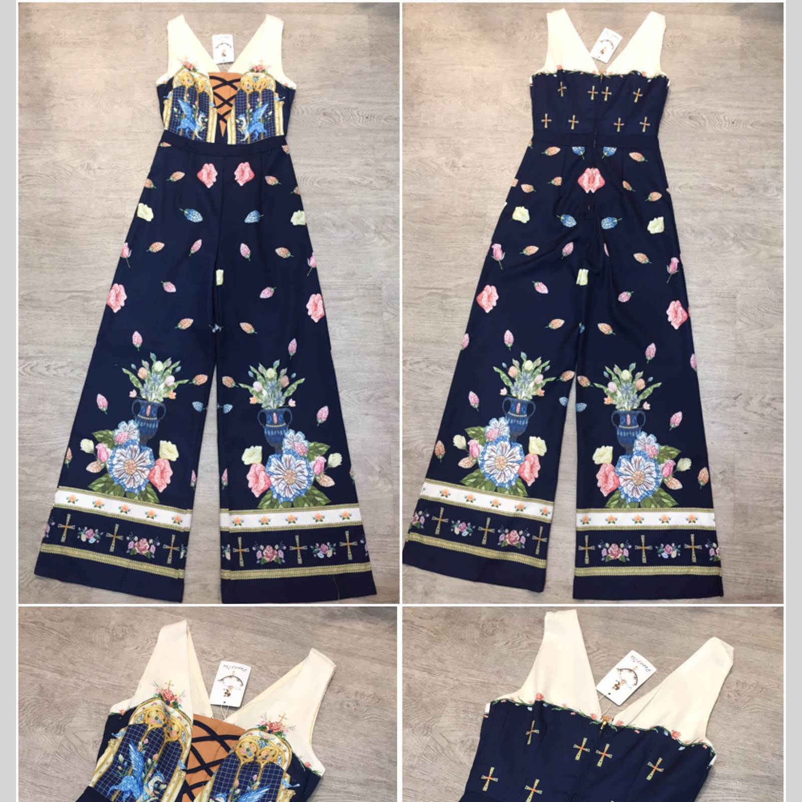 kudapy จั๊มสูทขายาวสีครีมดำ ด้านบนเป็นสีพื้น มีสายไขว้หน้า เนื้อผ้าพิมพ์ลายรอบตัว มีซับในและซิปหลัง