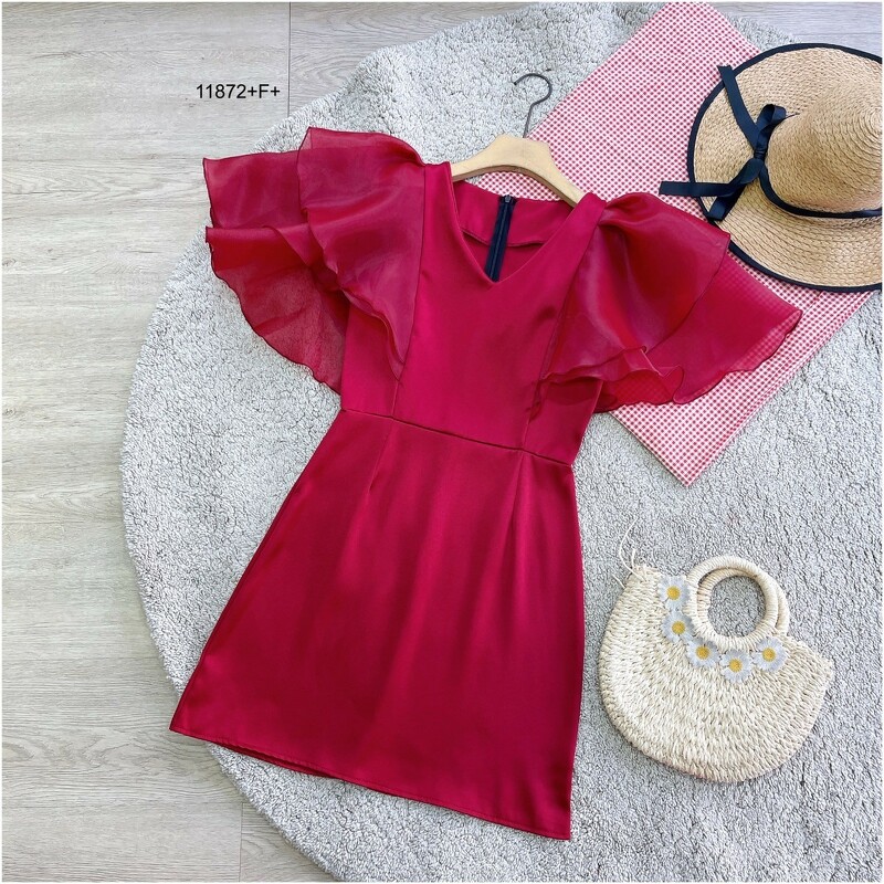 kudapy เดรสสีพื้นผ้าซาร่า แขนผาแก้วระบาย 2 ชั้น มีซิหลัง ดีเทลสวย ใส่ได้หลายโอกาส