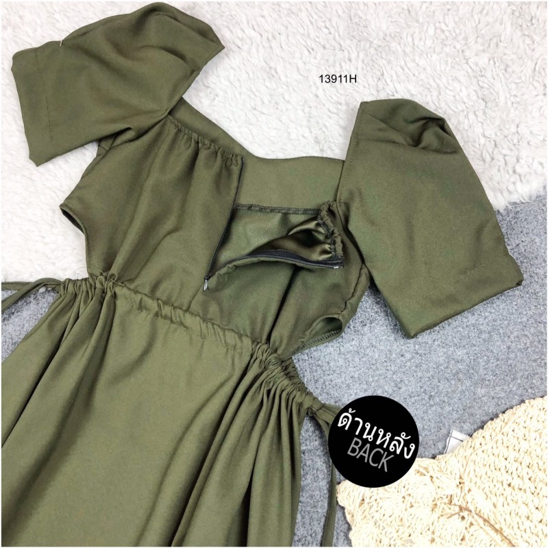 kudapy แม็กซี่เดรสยาวสีขาว,สีเขียว,สีเหลือง เจาะเอวด้านข้าง รูดปรับขนาดเอวเองได้ แขนจีบตุ๊กตา ซิปหลัง ผ้าซาร่าสีพื้น