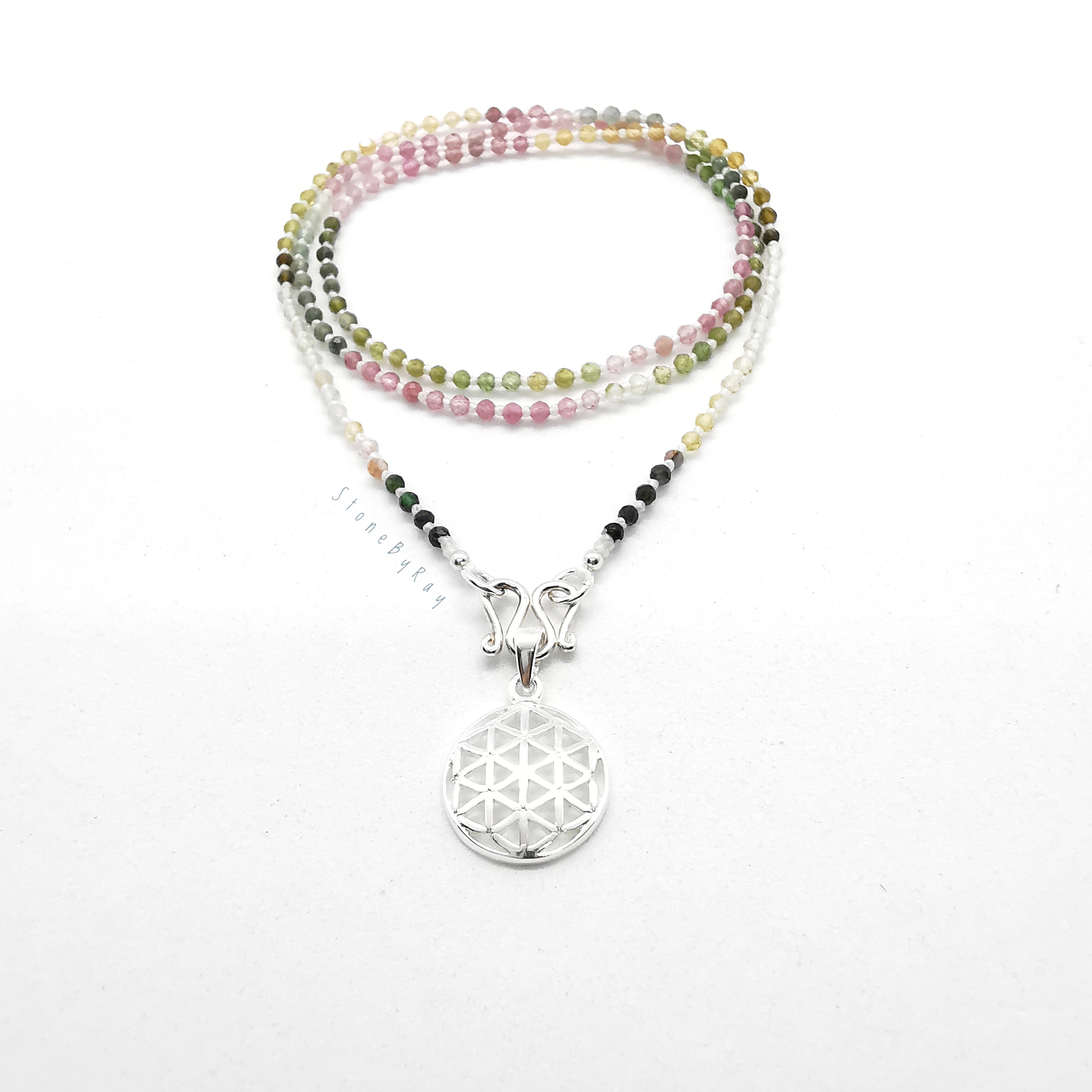 สร้อยคอเชือกถักพลอยทัวร์มาลีนเจียรเหลี่ยม+จี้เงิน Flower of life