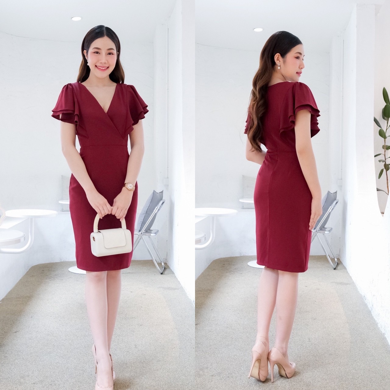 kudapy เดรสสั้นสีเขียวพิตาชิโอ้ ฟ้าอมเทา ส้มอิฐ ชมพู แดง กรม คอวีอกไขว้ จับจีบแขนระบายพริ้วพรางต้นแขน ทรงนี้เรียบหรู