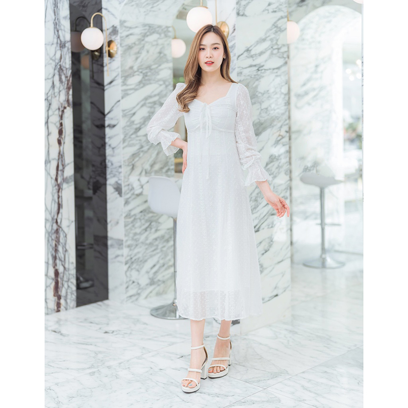 kudapy เดรสยาวสีกรม/สีขาว/สีชมพู แขนยาวลูกไม้ซีทรู สวยดูดีใส่สบายตัว