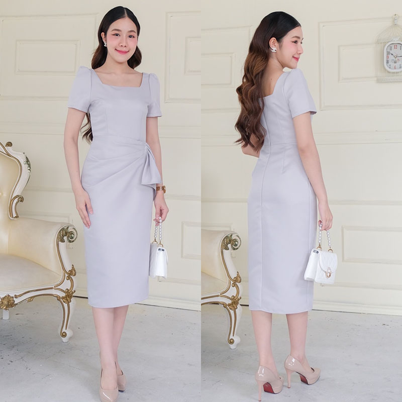 kudapy เดรสสั้นสีชมพูพาสเทล/สีทอง/สีเทา/สีข่าว/สีดำ/สีครีม คอเหลี่ยม แขนสั้น จีบยกบ่าตั้ง กระโปรงสอบจับจีบข้างสะโพก ผ่าข้าง