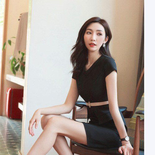 kudapy เดรสแขนสั้นสีกรมท่า สีดำ คอปก ผ้าไม่บาง และไม่หนา เข้ารูป ทรงสอบ เหมาะสำหรับใส่ทำงาน