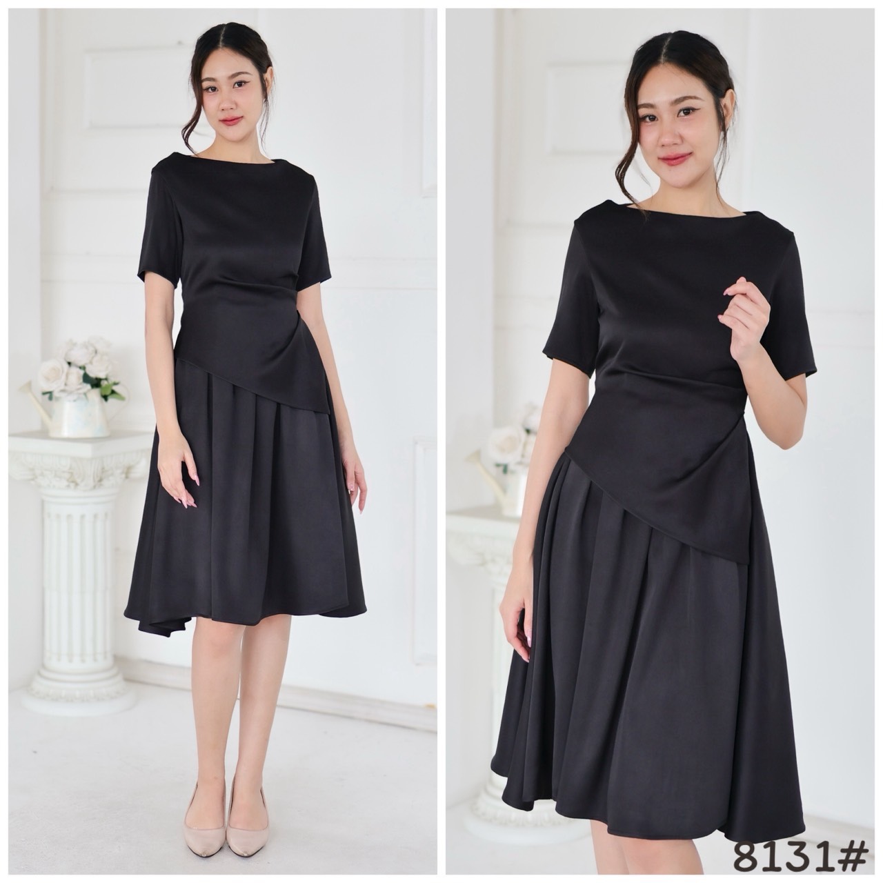 kudapy เดรสแขนสั้น คอปาด เกาหลี ดีเทลเสื้อจับจีบเอว เข้ารูป เก็บทรง