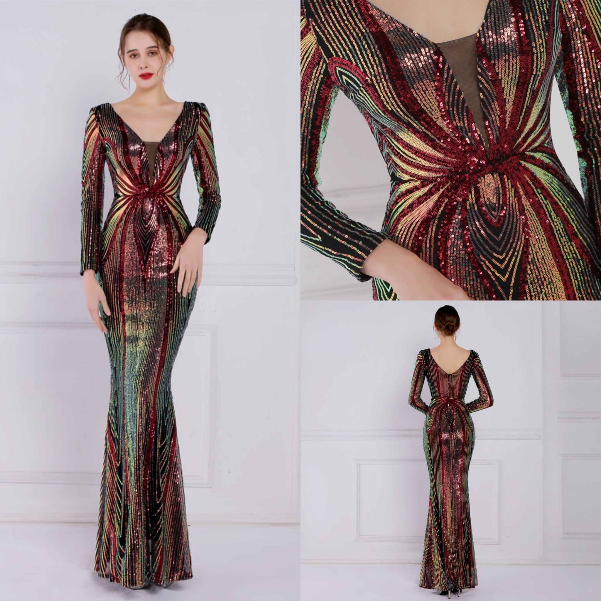 kudapy ชุดราตรียาวผ้ากริสเตอร์ คอวี แขนยาว โชว์อก ผ้าแต่งลายเพชร สีครีมทองโรสโกลด์,สีครีม-เทา,สีเขียว-แดง,สีทอง-แดง,สีทอง-ดำ,สีขาวมุก