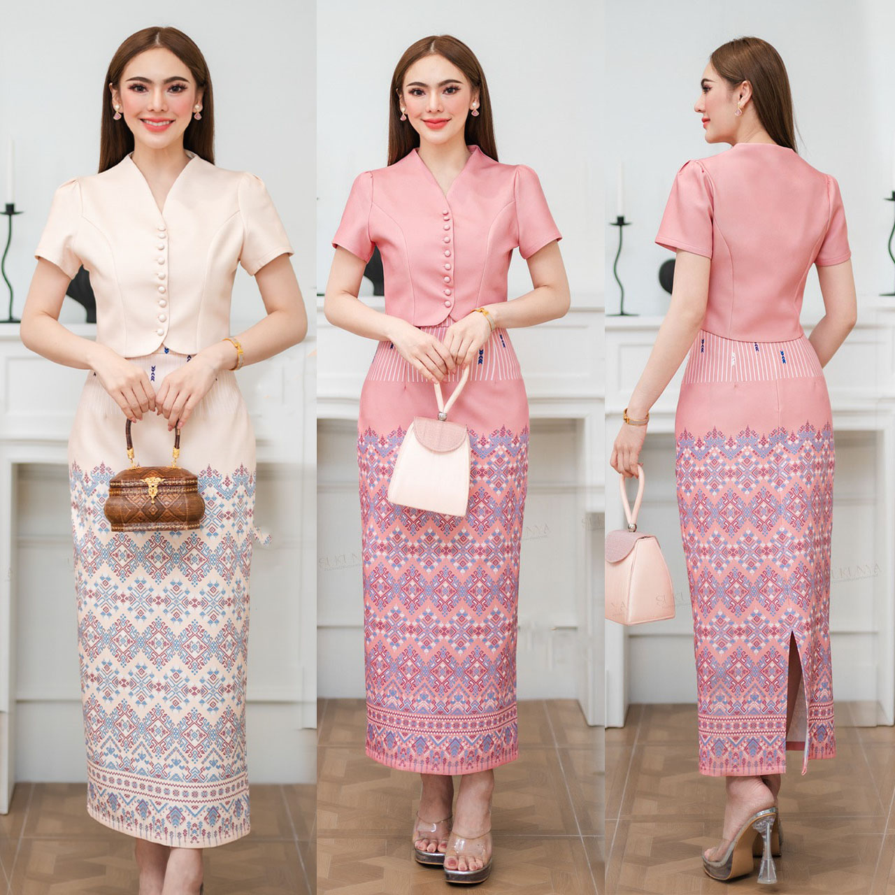 kudapy Set 2 ชิ้น (เสื้อ+กระโปรงยาว)งานผ้าโพลีเอสเตอร์งานพิมพ์ลาย เนื้อผ้าอัดกาว ตัวเสื้อคอวี แต่งกระดุมหลอก ตัวกระโปรงผ่าหลังเล็กน้อย