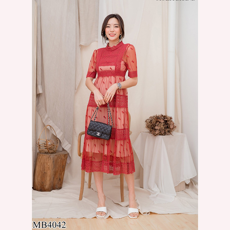 kudapy เดรสยาวสีแดง/สีกรม/สีชมพู/สีขาว ลูกไม้ตาข่ายสีสด ใส่สบายสวยดูดี