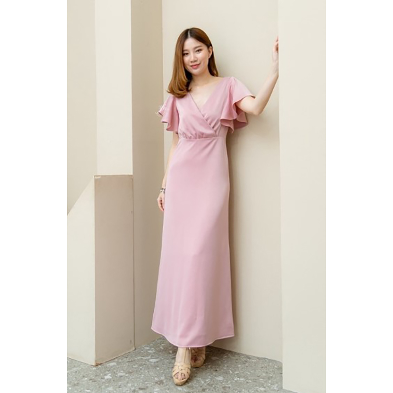 kudapy เดรสยาวสีชมพู/สีส้มทอง ราตรียาวผ้าวาเลนติโน เย็บป้ายช่วงอก จับจีบช่วงเอวเล็กน้อยเพิ่มความหวาน แขนระบาย