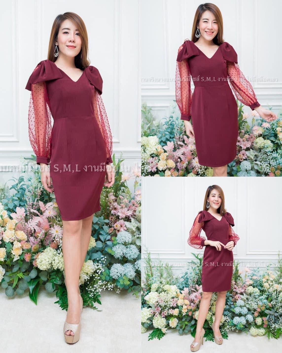 kudapy เดรสสั้นแต่งโบว์ไหล่คู่ สีชมพู, กรมท่า, แดงเลือดหมู, ไวน์แดง, เทา, ขาว ,โอวัลติน แขนแต่งผ้าชีฟองลายจุดๆ ผ้าฮานาโกะผ้ายืดเนื้อดีทิ้งตัว