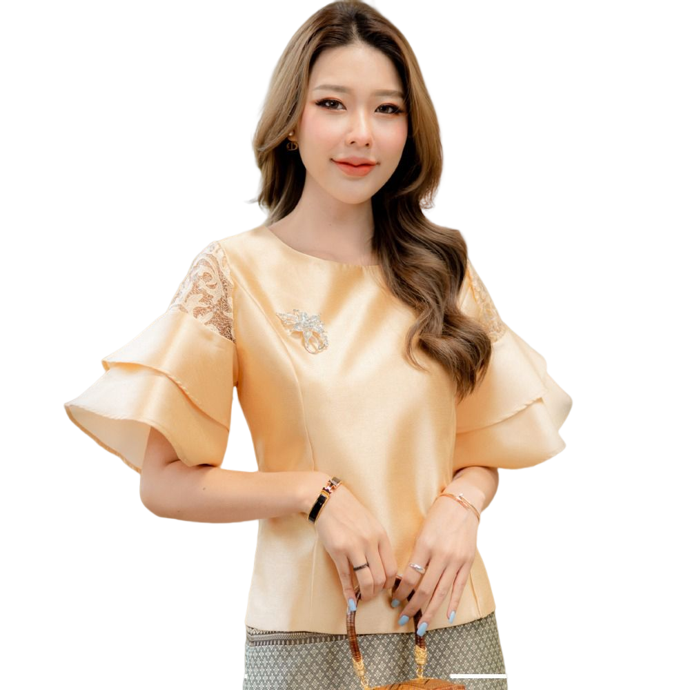 kudapy เซต 2 ชิ้น เสื้อผ้าไหมญี่ปุ่นเนื้อทรายคอกลม แขนแต่งระบายสีทอง+ผ้าถุงทอลายดอกพิกุลอย่างดีสีทองกากี