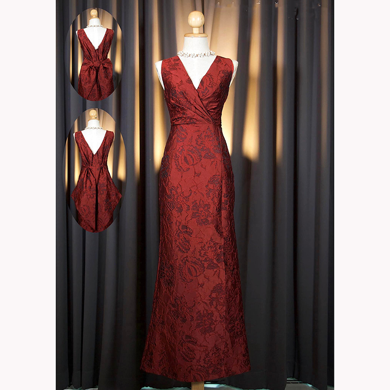 kudapy เดรสยาวสีแดงเบอร์กันดี กรมท่า เขียว ฟ้า ทอง ชมพู คอวี ผูกโบว์เอวได้ กระโปรงทรงหางปลาเข้ารูป ด้านหลังจับจีบ ทรงหูกระต่าย