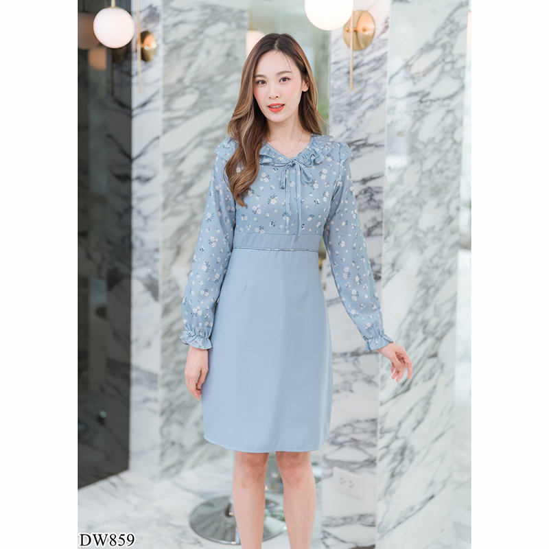 kudapy เดรสสั้นคอกลมสีฟ้า/สีชมพู/สีเขียว ใส่ทำงานแขนยาวคอระบายผูกโบว์กลางอก