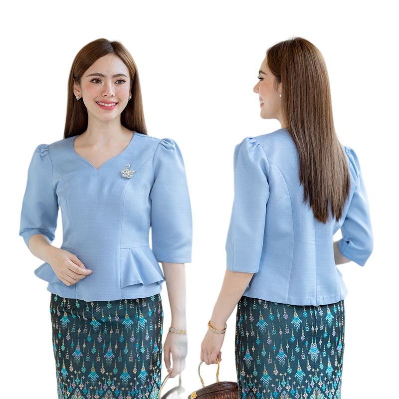 kudapy เสื้อสีฟ้า/สีม่วง/สีน้ำตาลอ่อน งานผ้าไหมฝรั่งเศสสีพื้น อัดกาวให้ทั้งตัว ทรงสวยตามแบบ การตัดเย็บเนียบ ทรงสวย ใส่สวยทุกรูปร่าง