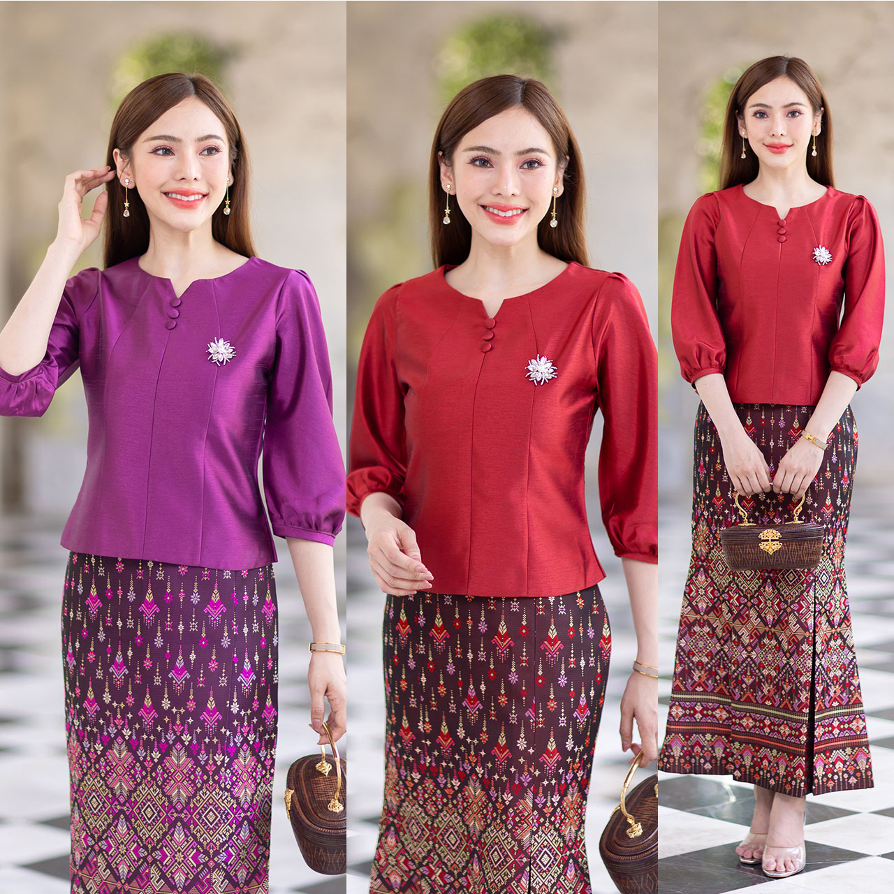 kudapy เสื้อผ้าไหม4เส้นสีม่วง/สีแดง เนื้อผ้าทอสวย แต่งกระดุม เนื้อเบาสบาย ใส่สบายผิว มีลายเส้นในตัว (เฉพาะเสื้อ)