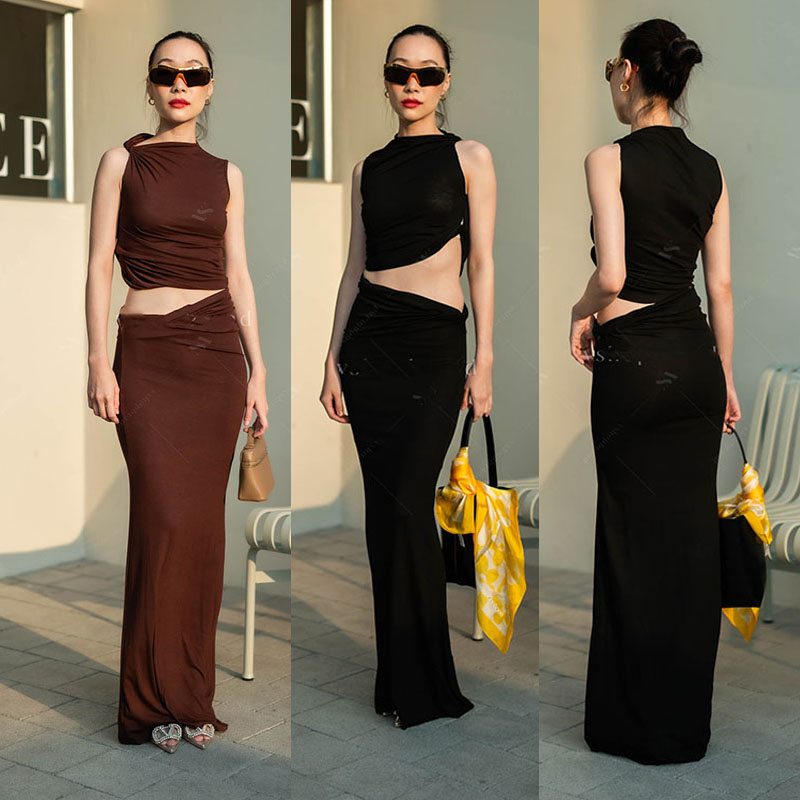 kudapy set สีน้ำตาล/สีดำ แขนกุดมัดข้าง+กระโปรงยาวมัดข้าง