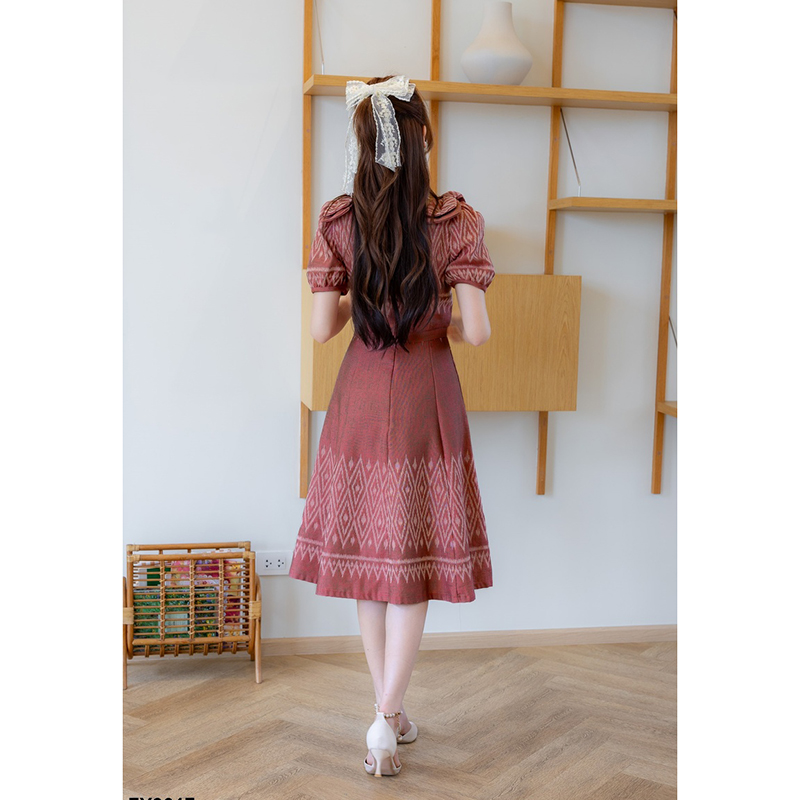 kudapy เดรสสั้นสีเทา/สีส้ม ทรงบานแต่งโบว์ไหล่ 2 ชั้น