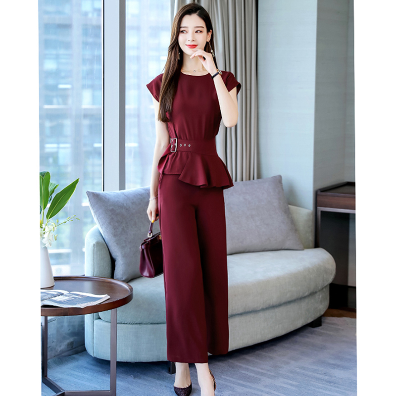 kudapy ชุดเซ็ทเสื้อและกางเกงยาวสีไวน์แดง ผ้าโพลีเอสเตอร์ผสม เสื้อไหล่บ่าล้ำ XL